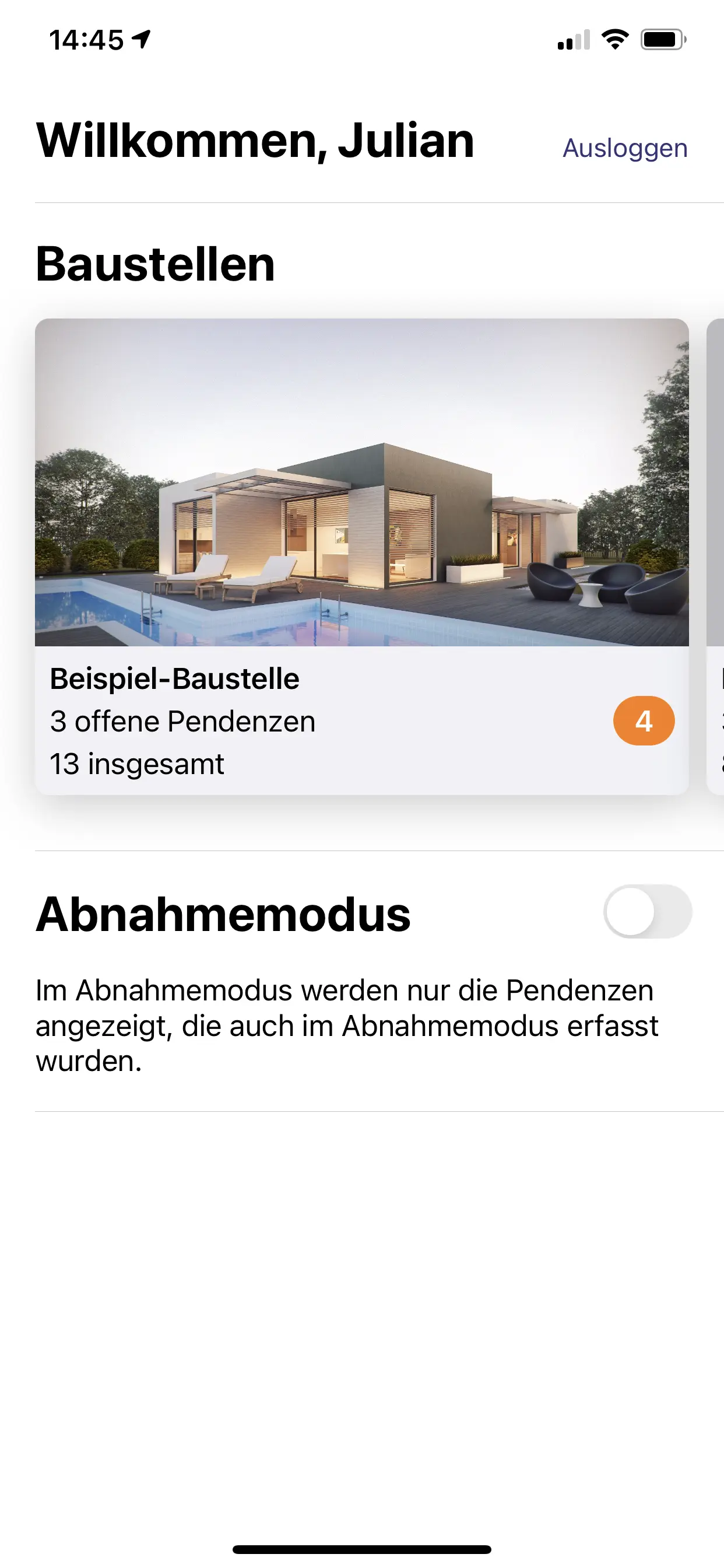 an overview of the user's construction sites