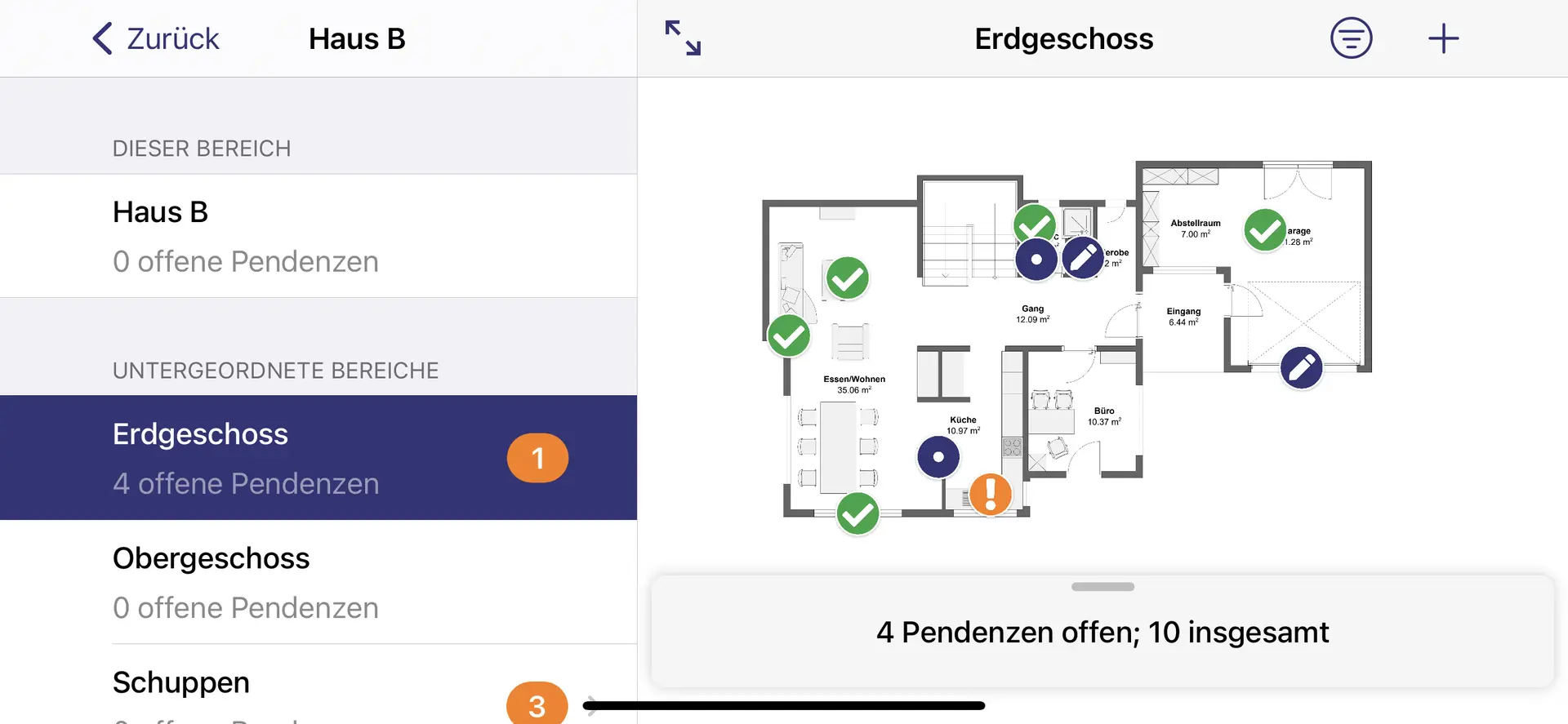 a split view showing a floor plan and navigation facilities